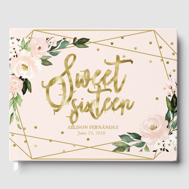 Sweet 16 Livre d'hôtes Gold Foil Blush Pink Floral (Recto)