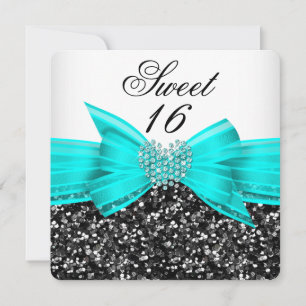 Sweet 16 Luxury Glitzer Aquamarin Bow Schwarz-weiß Einladung