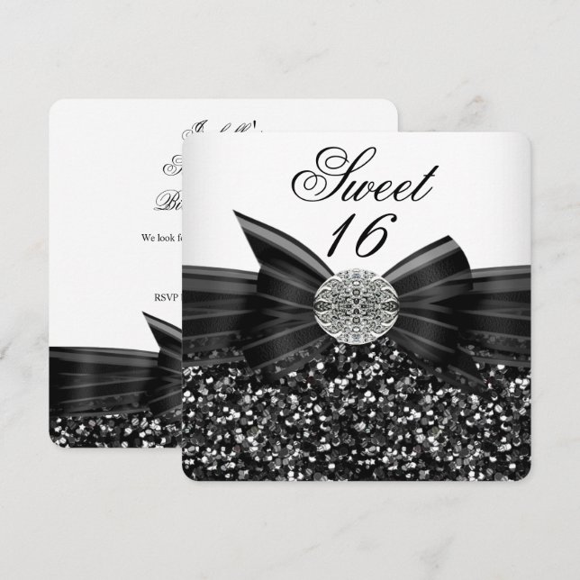 Sweet 16 Luxury Glitzer Bow Silver Schwarz-weiß Einladung (Vorne/Hinten)