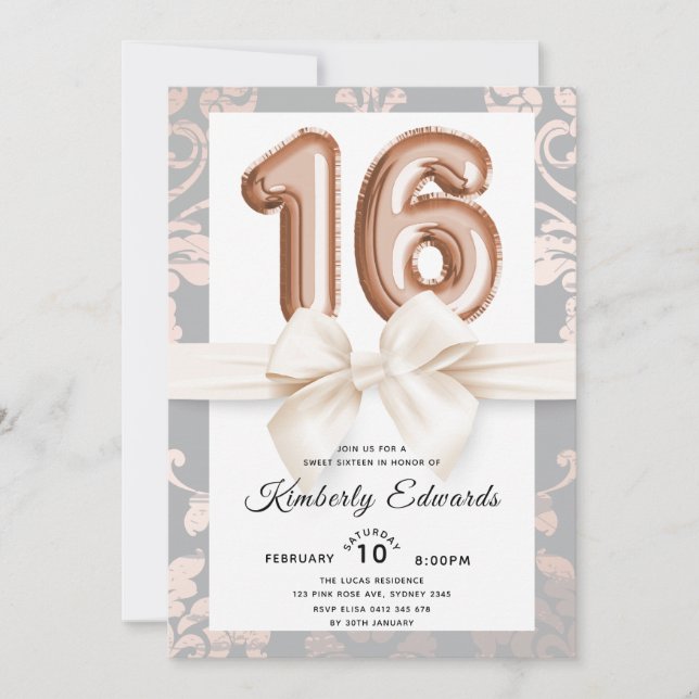Sweet 16 Luxury Rose Gold Balloons Einladung (Vorderseite)