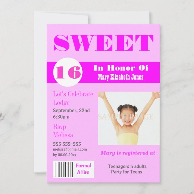 Sweet 16 Magazin Foto PERSONALIZE Einladung (Vorderseite)