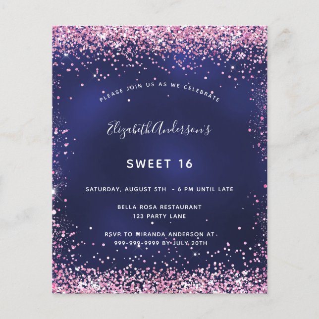 Sweet 16 Marineblau Rosa Glitzer Einladung Flyer (Vorne)