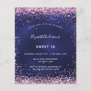 Sweet 16 Marineblau Rosa Glitzer Einladung Flyer
