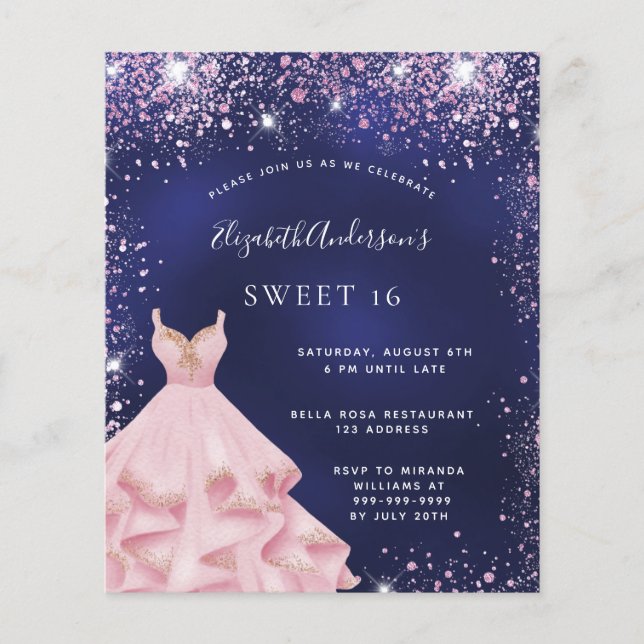 Sweet 16 marineblau rosa Kleid Einladung (Vorderseite)