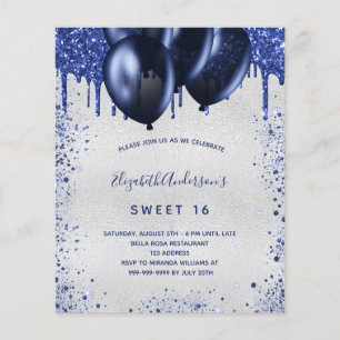 Sweet 16 Marineblau Silber Einladung Flyer