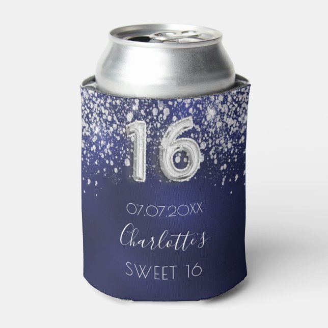 Sweet 16 marineblau silber Glitzer Staubname Dosenkühler (Kanne Vorderseite)