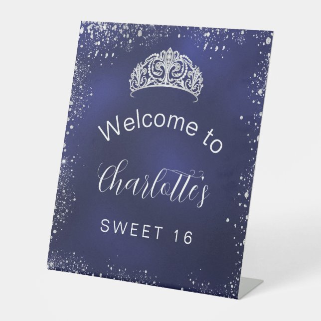 Sweet 16 Marineblau silber Glitzer willkommen Sockelschild (Vorderseite)