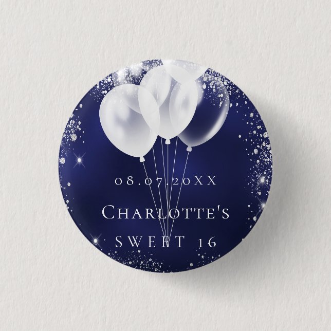 Sweet 16 marineblaue blauen silbernen Glitzer-Ball Button (Vorderseite)