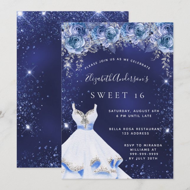 Sweet 16 marineblaue blauer Glitzer Kleid blumenre Einladung (Vorne/Hinten)