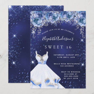 Sweet 16 marineblaue blauer Glitzer Kleid blumenre Einladung
