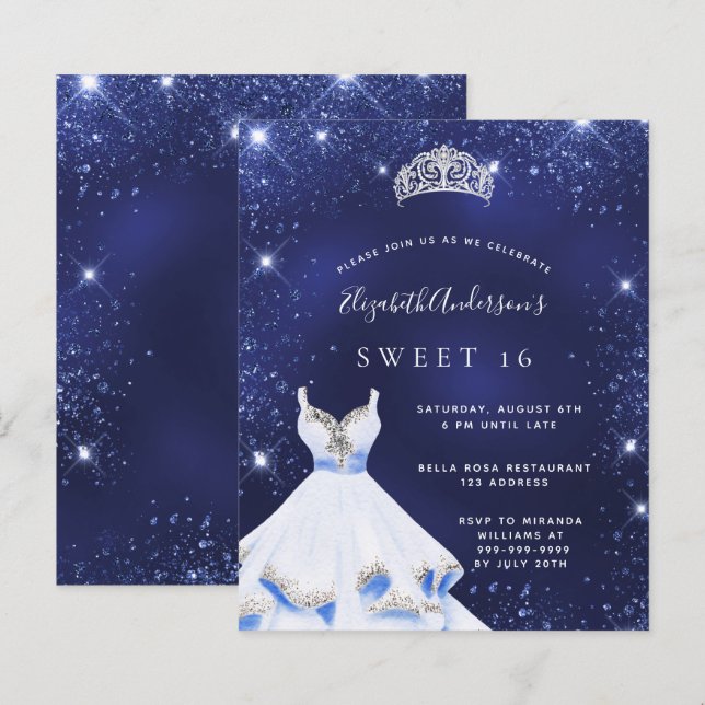 Sweet 16 marineblaue Kleid tiara Einladung (Vorne/Hinten)