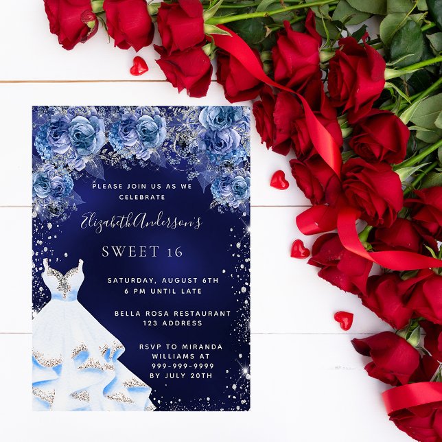 Sweet 16 marineblaue Kleidung Glitzer Blumenkohl P Einladungspostkarte (Von Creator hochgeladen)