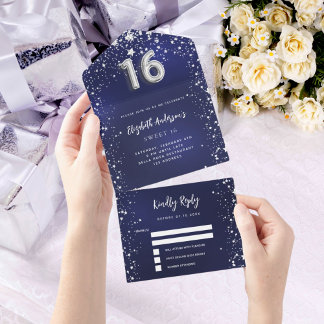 Sweet 16 marineblaue Silbersterne uAwg All In One Einladung
