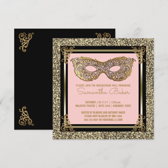 Sweet 16 Masquerade | 16 . Geburtstag Pink Gold Einladung (Vorne/Hinten)