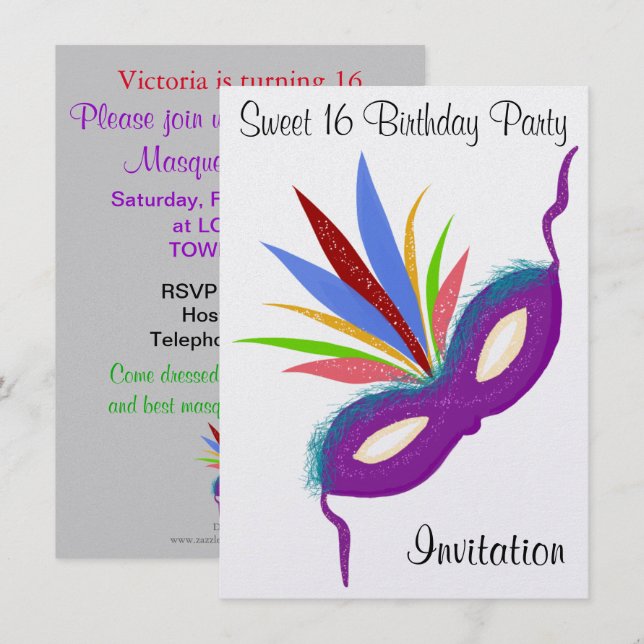 Sweet 16 Masquerade Ball Lila Party Maske Einladung (Vorne/Hinten)