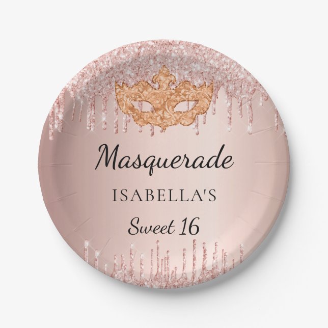 Sweet 16 masquerade Rose Gold Glitzer Tropfen Part Pappteller (Vorderseite)