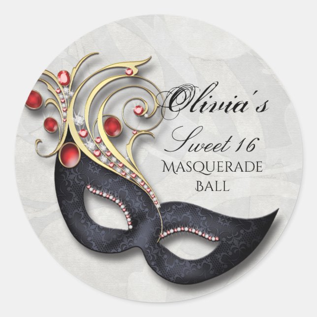 Sweet 16 Masquerade Sticker mit Rot und Gold (Vorderseite)