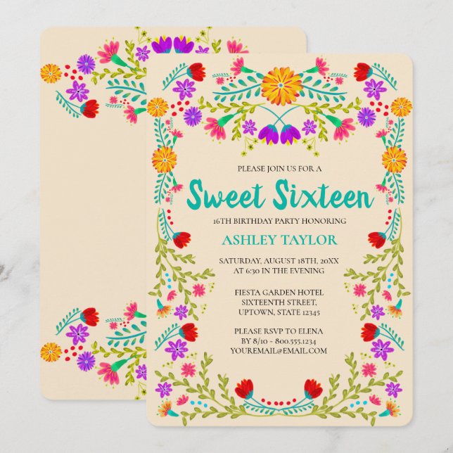 Sweet 16 Mexican Fiesta Champagne Floral Geburtsta Einladung (Vorne/Hinten)