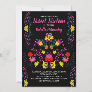 Sweet 16 mexikanische Party Blume Schwarzer Geburt Einladung