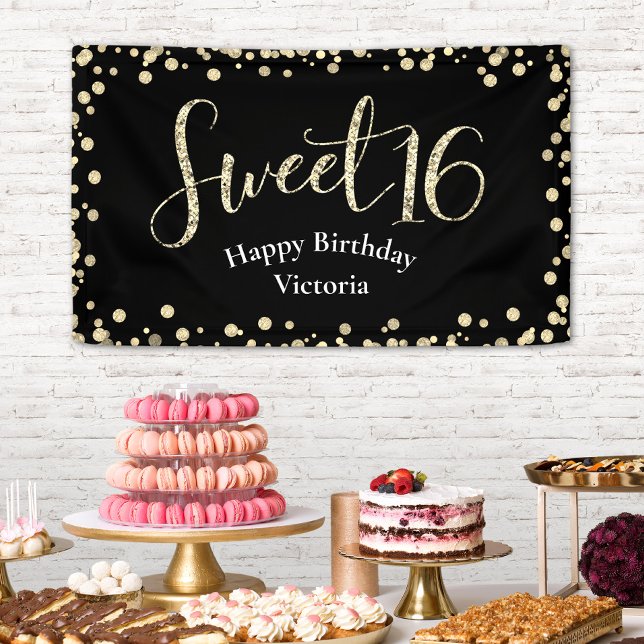Sweet 16 Modern Black Gold Glitzer Girly Birthday Banner (Von Creator hochgeladen)