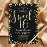 Sweet 16 Modern Black Gold Glitzer Girly Birthday Einladung<br><div class="desc">"Happy Sweet 16". Schicken Sie diese atemberaubende, funkelnd, mädchenhafte, festliche, moderne, personalisierte Party Einladung für eine Veranstaltung, an die Sie sich erinnern können. Gold Glitzer Skript Typografie und Konfetti Overlay einen schwarzen Hintergrund. Mehr Glitzer Konfetti überlagert schwarz auf der Rückseite. Personalisieren Sie den benutzerdefinierten Text mit dem Namen Ihrer Tochter...</div>