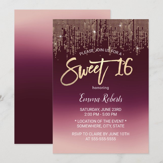 Sweet 16 Modern Burgundy Ombre Gold Sequins Einladung (Vorne/Hinten)