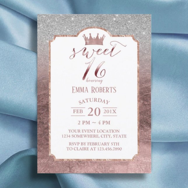 Sweet 16 Modern Foil Rose Gold Princess Crown #2 Einladung (Von Creator hochgeladen)