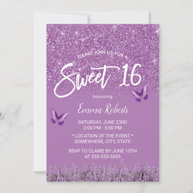 Sweet 16 Moderne Lavendel Imitate Glitzer Einladung (Vorderseite)