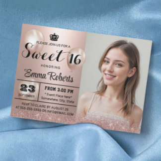 Sweet 16 Moderne Rose Gold Glitzer Foto Geburtstag Einladung