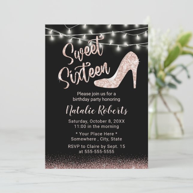 Sweet 16 Moderne Rose Gold High Heel Girl Birthday Einladung (Stehend Vorderseite)