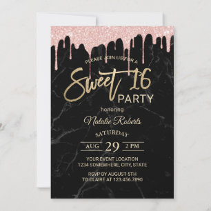 Sweet 16 Moderne Rose Gold Tropfen Schwarzer Marmo Einladung