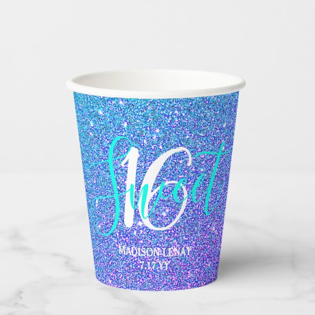 Sweet 16 Moderner Aquamariner Lila Glitzer Persona Pappbecher (Vorderseite)