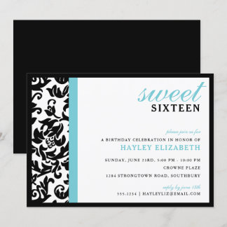 Sweet 16 Moderner Damast mit Border, Blue Einladung