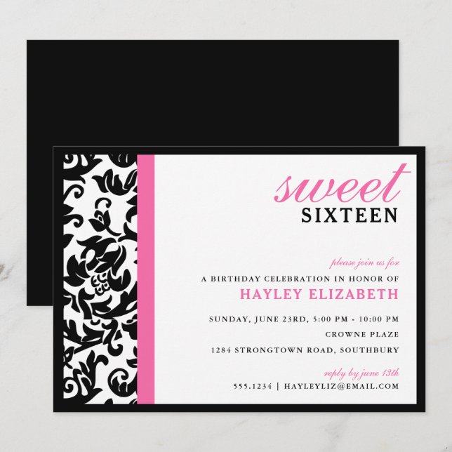 Sweet 16 Moderner Damast mit Border, Hellrosa Einladung (Vorne/Hinten)