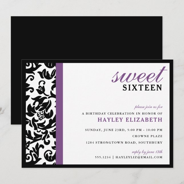 Sweet 16 Moderner Damast mit Border, Lila Einladung (Vorne/Hinten)