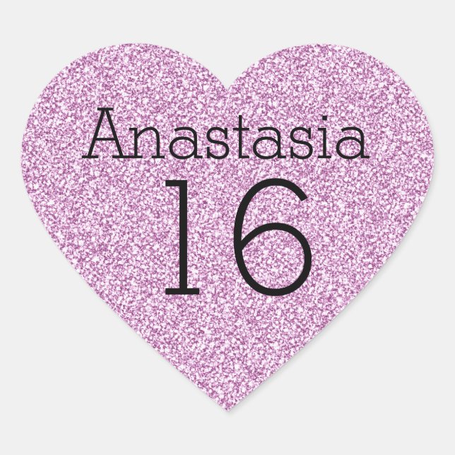 Sweet 16 Name Age Black & Lila Glitzer Glitzern Herz-Aufkleber (Vorderseite)