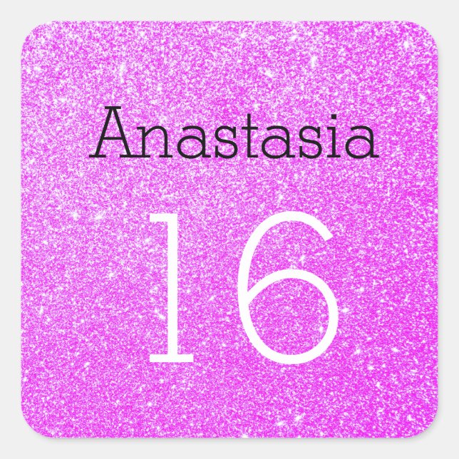 Sweet 16 Name Age Black & Lila Glitzer Glitzern Quadratischer Aufkleber (Vorderseite)