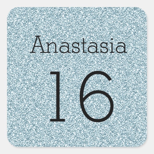 Sweet 16 Name Black Blue Silver Glitzer Glitzern Quadratischer Aufkleber (Vorderseite)