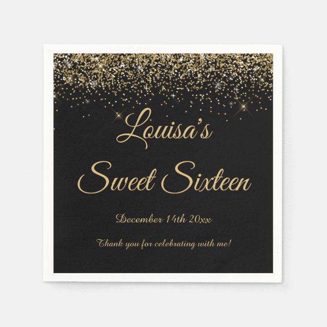 Sweet 16 Napkin Black & Gold Party Dekorationen Serviette (Vorderseite)