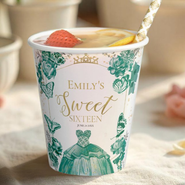 Sweet 16 Napkins Butterfly Emerald Green Dress Pappbecher (Von Creator hochgeladen)
