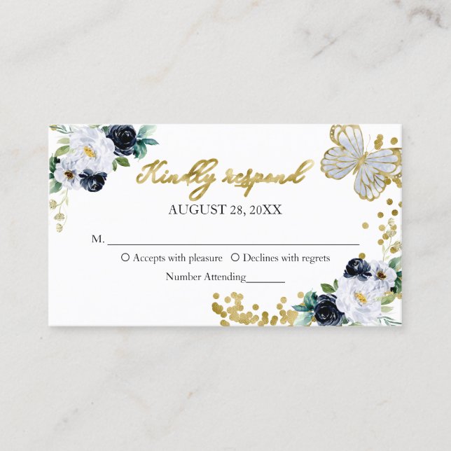 Sweet 16 Navy Blue Floral Butterfly UAWG Umschließ Visitenkarte (Vorderseite)