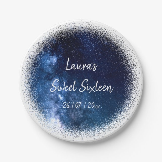 Sweet 16 Navy Blue Glitzer Paper Plate Pappteller (Vorderseite)
