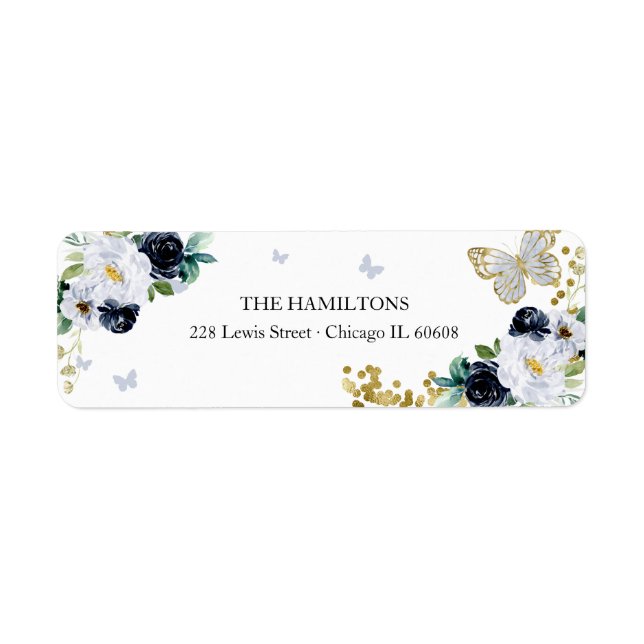 Sweet 16 Navy Blue Gold Floral Butterfly Label (Vorne)