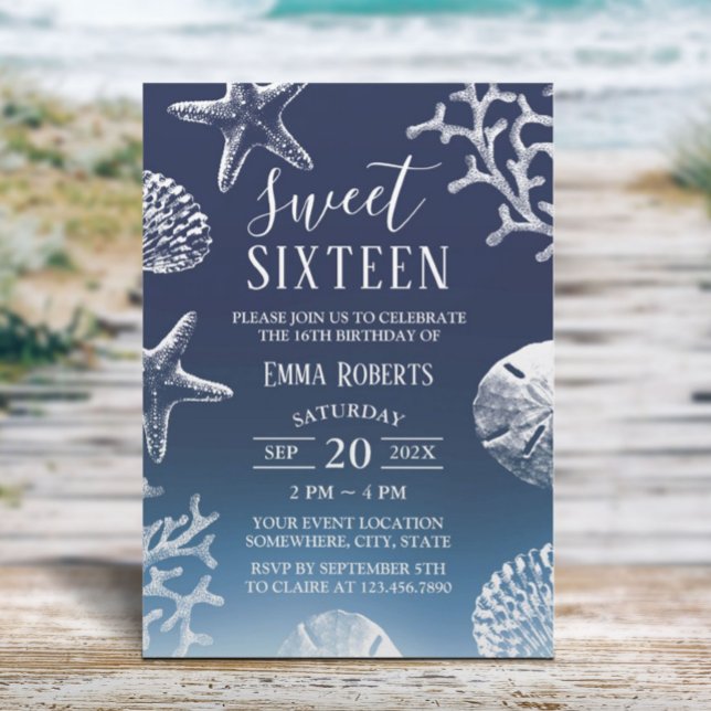 Sweet 16 Navy Blue Ombre Beach Starfish Seashells Einladung (Von Creator hochgeladen)