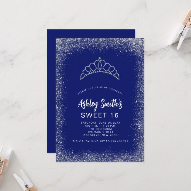 Sweet 16 Navy Blue Silver Glitzer Diamond Tiara Einladung (Vorderseite/Rückseite Beispiel)