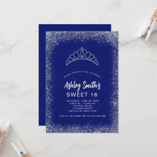 Sweet 16 Navy Blue Silver Glitzer Diamond Tiara Einladung