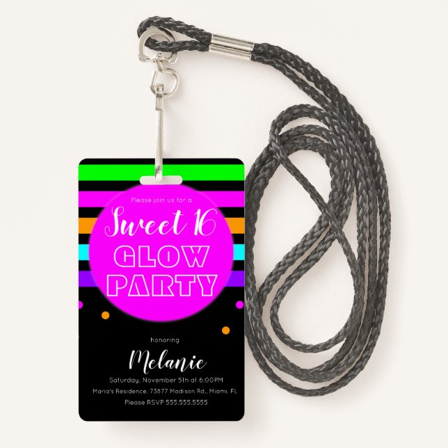 Sweet 16 Neon Glow Party Birthday Pass ID Abzeiche Ausweis (Vorderseite mit Schlüsselband)