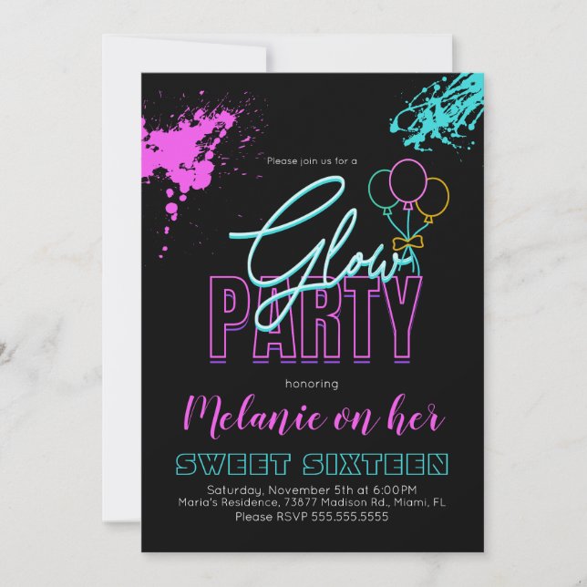Sweet 16 Neon glühen in den dunkelfarbenen, farbig Einladung (Vorderseite)