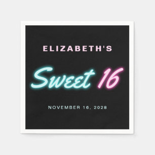 Sweet 16 Neon Lights Black Birthday Party Serviette