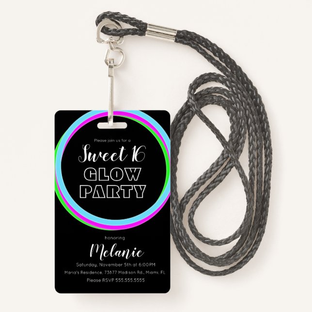 Sweet 16 Neon Party Glow Birthday Pass ID Ausweis (Vorderseite mit Schlüsselband)